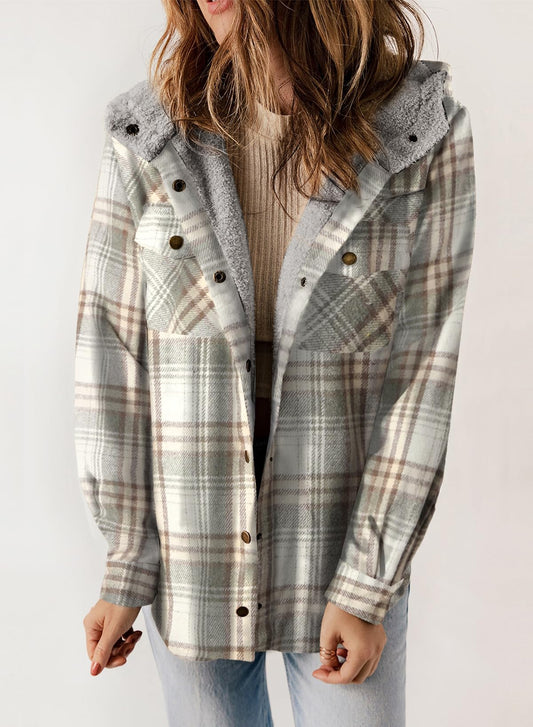 ⏰Hot Sale-Women's Plaid Long Sleeve Button Fleece Hooded Jacket