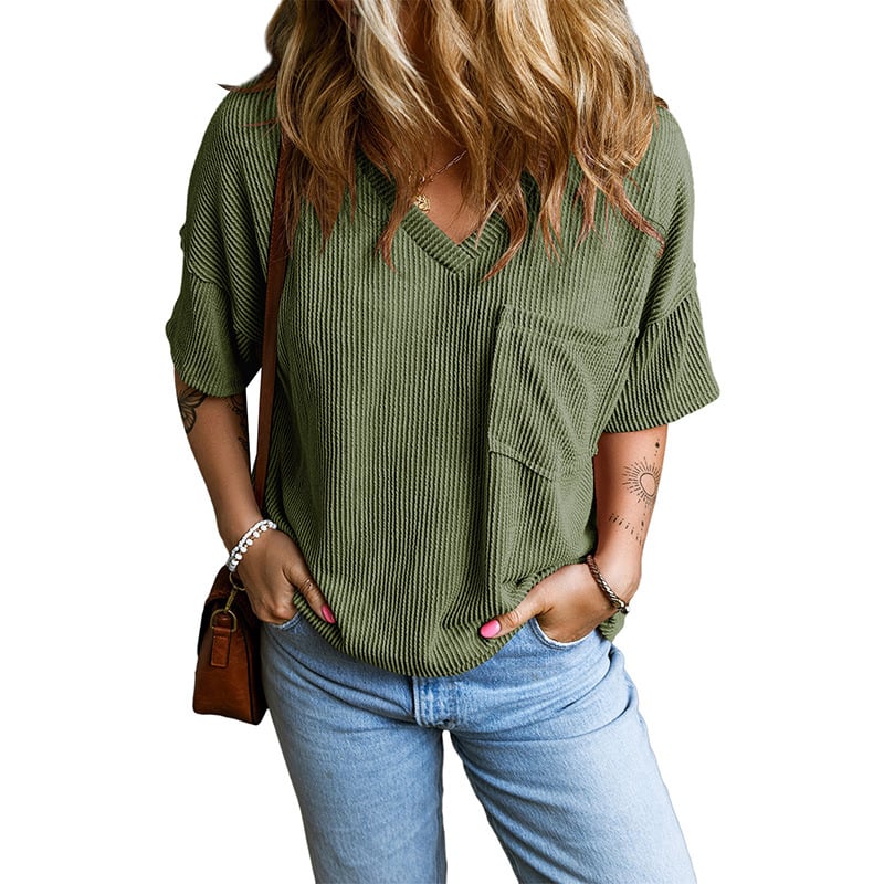 Womens Short Sleeve Ribbed Tops Causal V Neck Oversized T