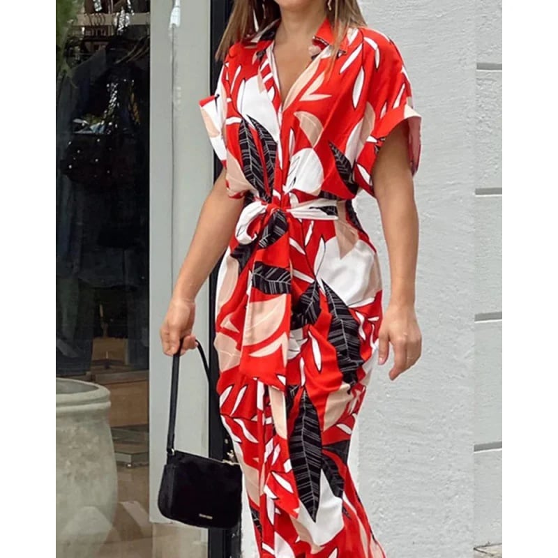 🌸Casual Lapel Neck Waist Print Shirt Dress