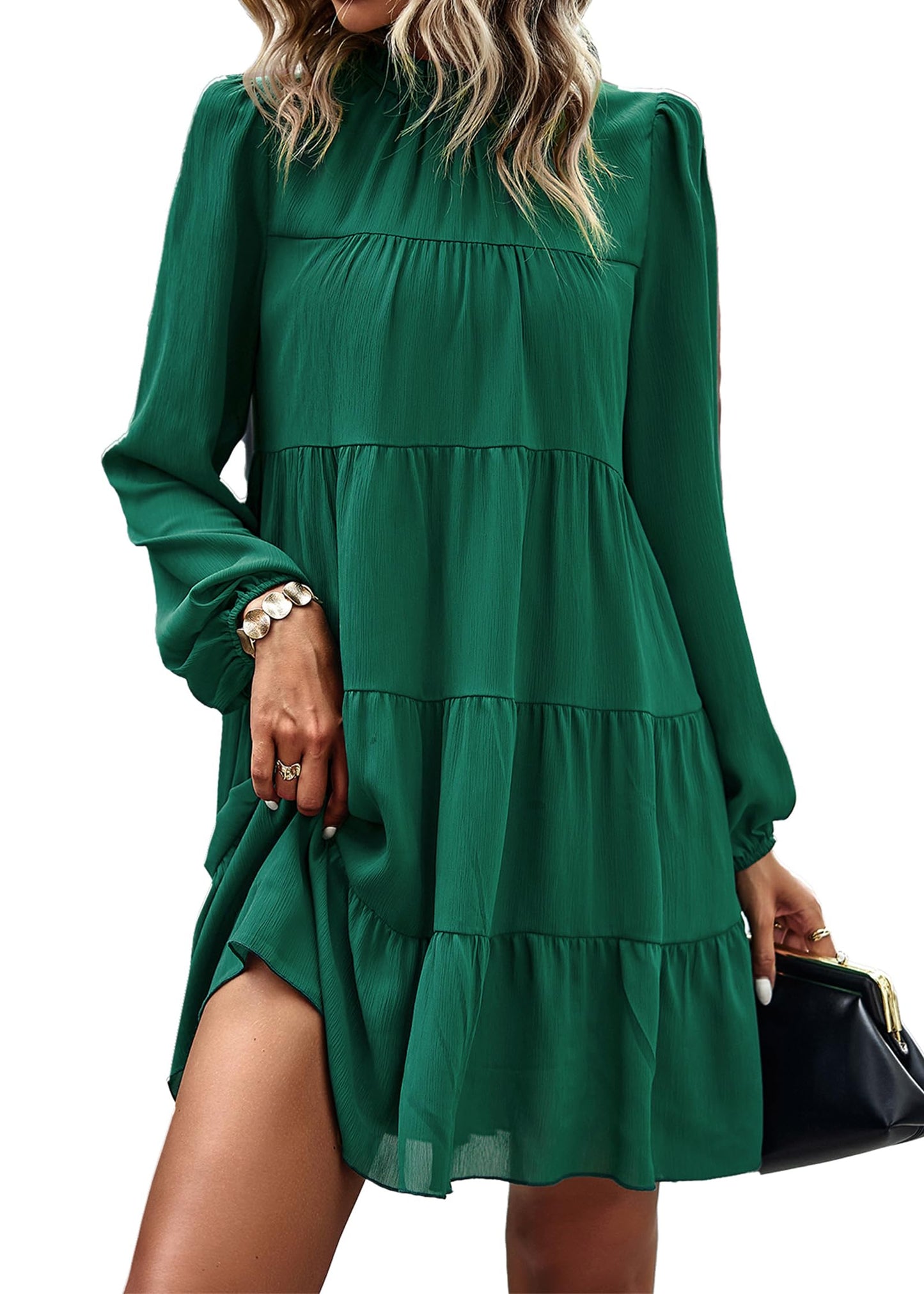 Womens Casual Long Sleeve Mock Neck Ruffle Tiered Babydoll Dress