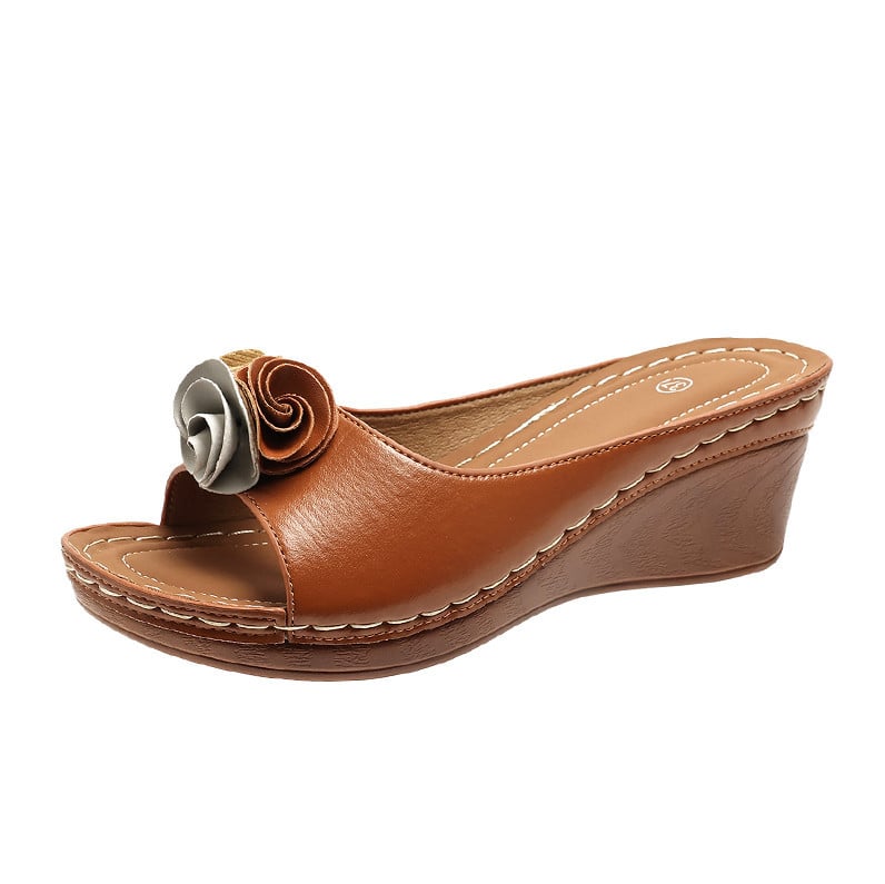 Women's Comfy Leather Solid Flower Strap Wedge Sandals