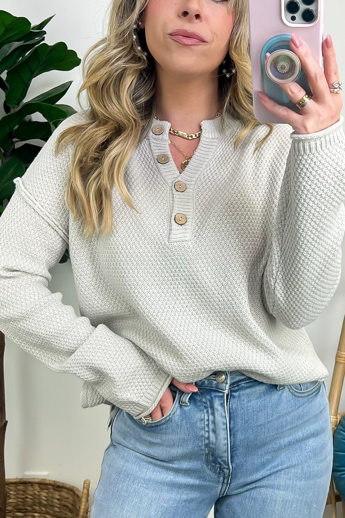 HOT SALE Half Button Henley Knit Sweater