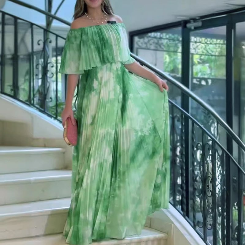 🌿Printed pleated strapless dress for women