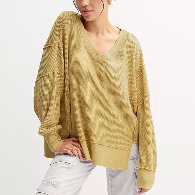 Oversized Waffle V Neck Top