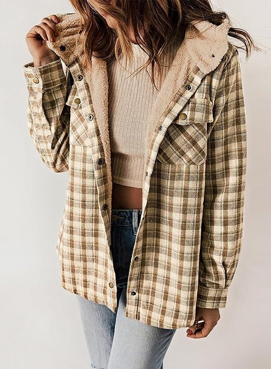Women's Autumn/Winter Plaid Jacket Long Sleeve Buckle Wool Hooded Jacket Warm Coat