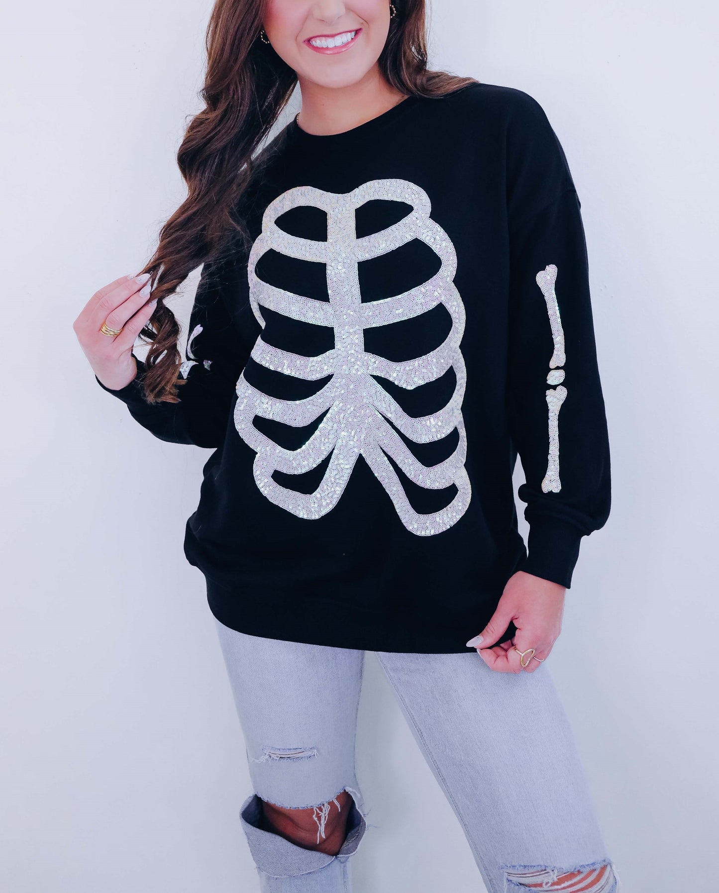 Women's Heart Skeleton Sequin Embellished Sweatshirt