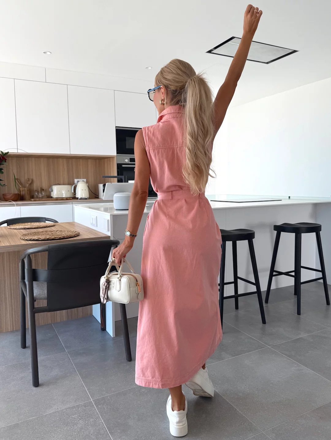 Solid Button Pocket Denim Dress