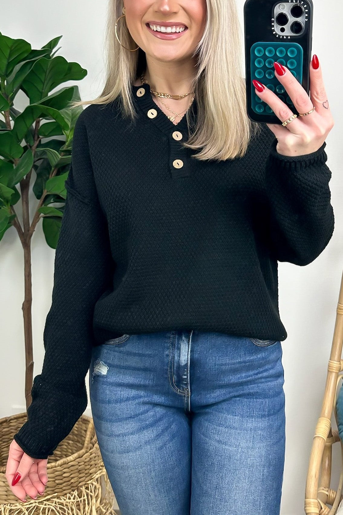 HOT SALE Half Button Henley Knit Sweater