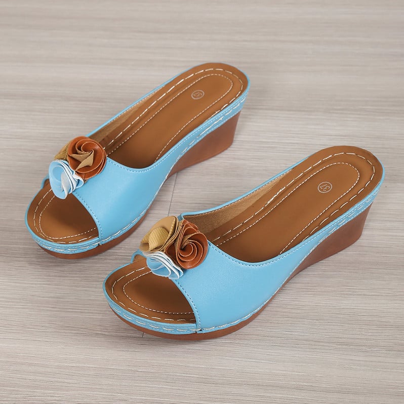 Women's Comfy Leather Solid Flower Strap Wedge Sandals