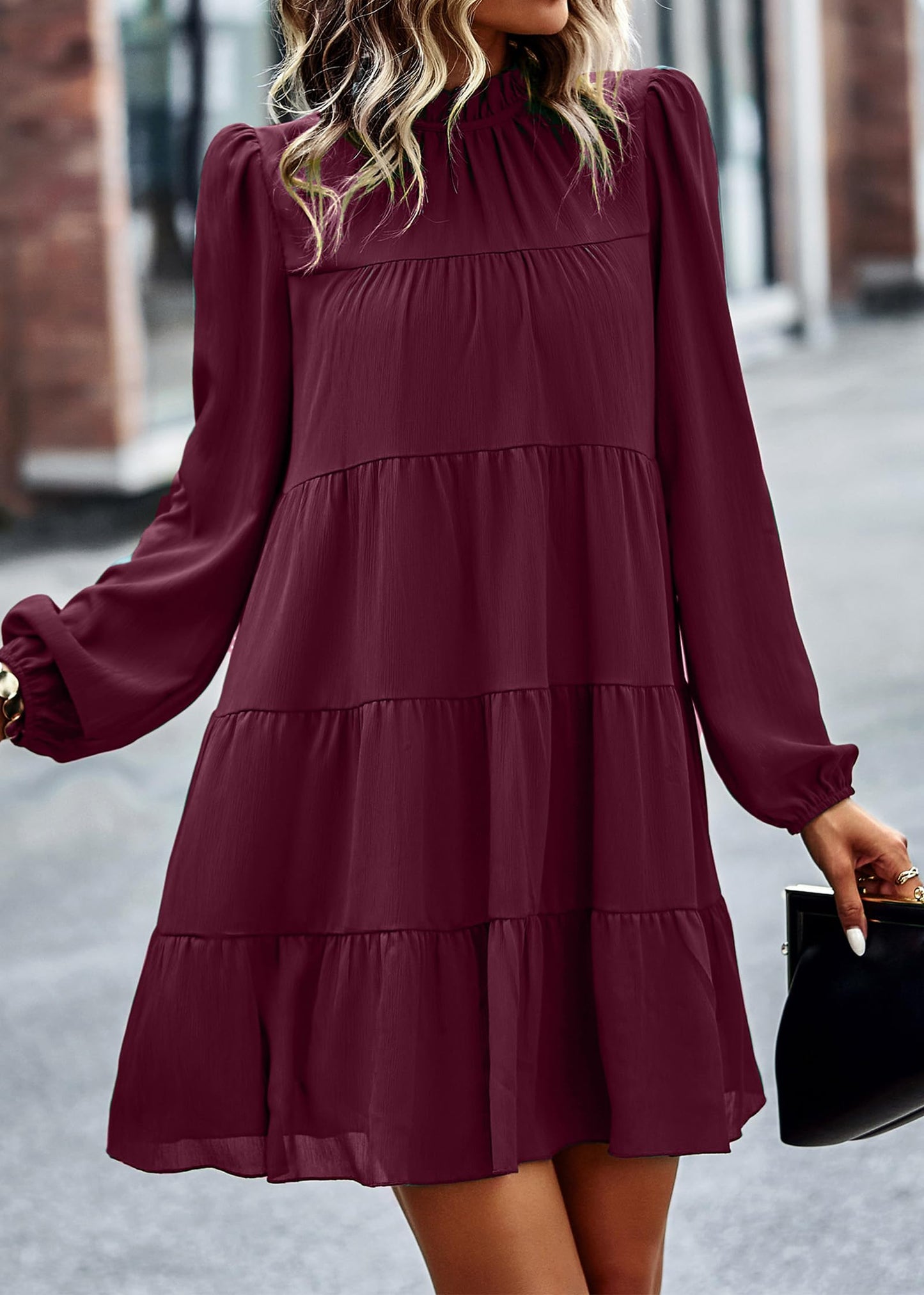 Womens Casual Long Sleeve Mock Neck Ruffle Tiered Babydoll Dress