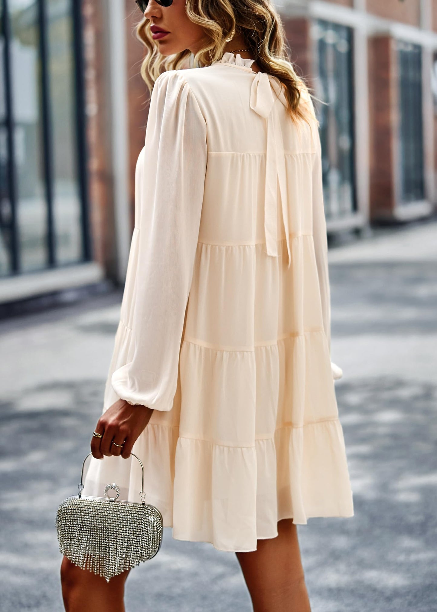 Womens Casual Long Sleeve Mock Neck Ruffle Tiered Babydoll Dress