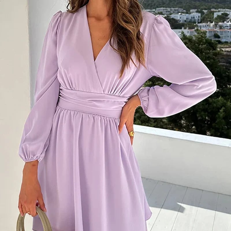 Women's Fashion Wrap V-Neck Empire Waist Lantern Sleeve Dress