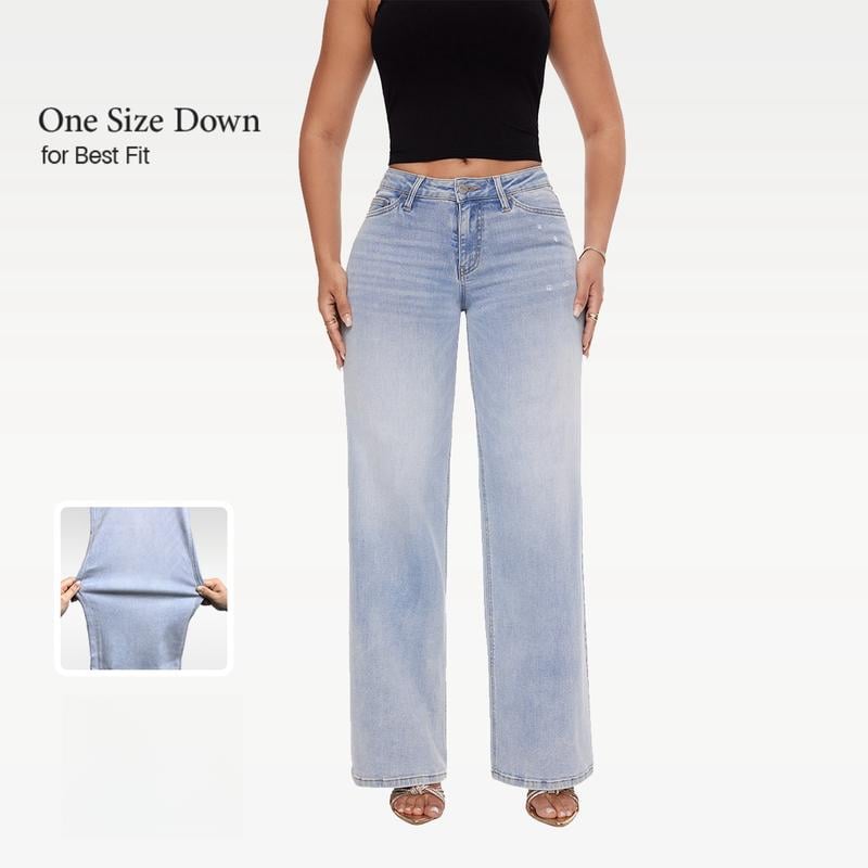 New Mid-Low Rise Tummy Control Curve-Hugging Plus Size Stretch Distressed Wide-Leg Jeans