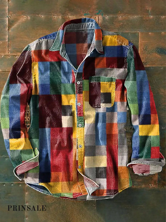 Unisex Simple Rainbow Color Plaid Vintage Printed Lapel Long Sleeve Pocket Shirt