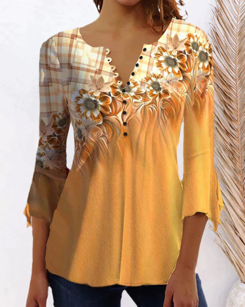 3/4-sleeve floral print top