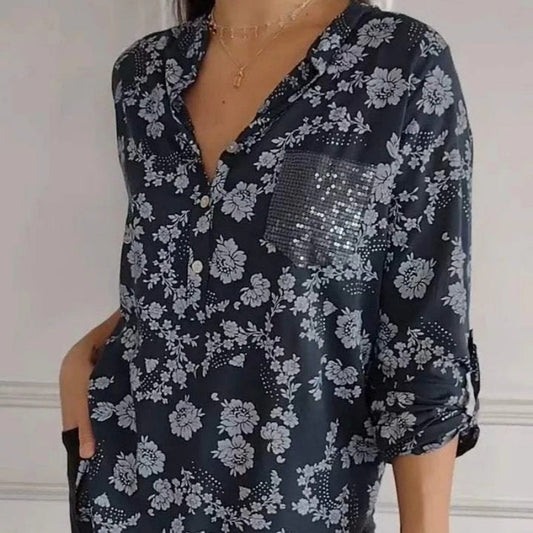 🌸 Women's Floral Print Long Sleeve Blouse with Sequin Pocket