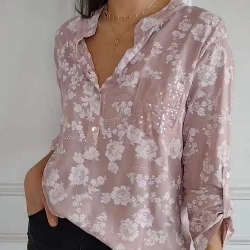 🌸 Women's Floral Print Long Sleeve Blouse with Sequin Pocket