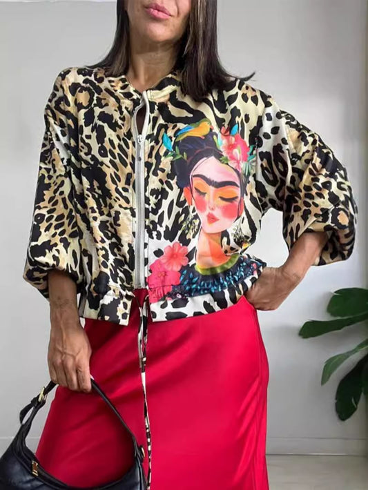 Leopard Unique Print Zipper Drawstring Hem Bomber Jacket