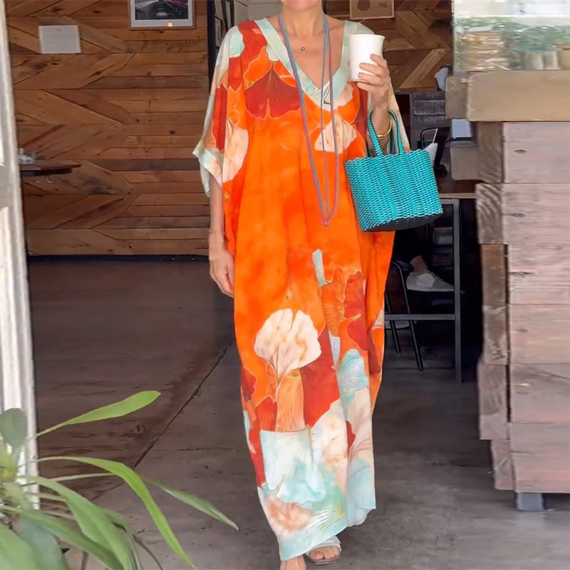 🔥Floral Print Loose Long Dress with Half Sleeves