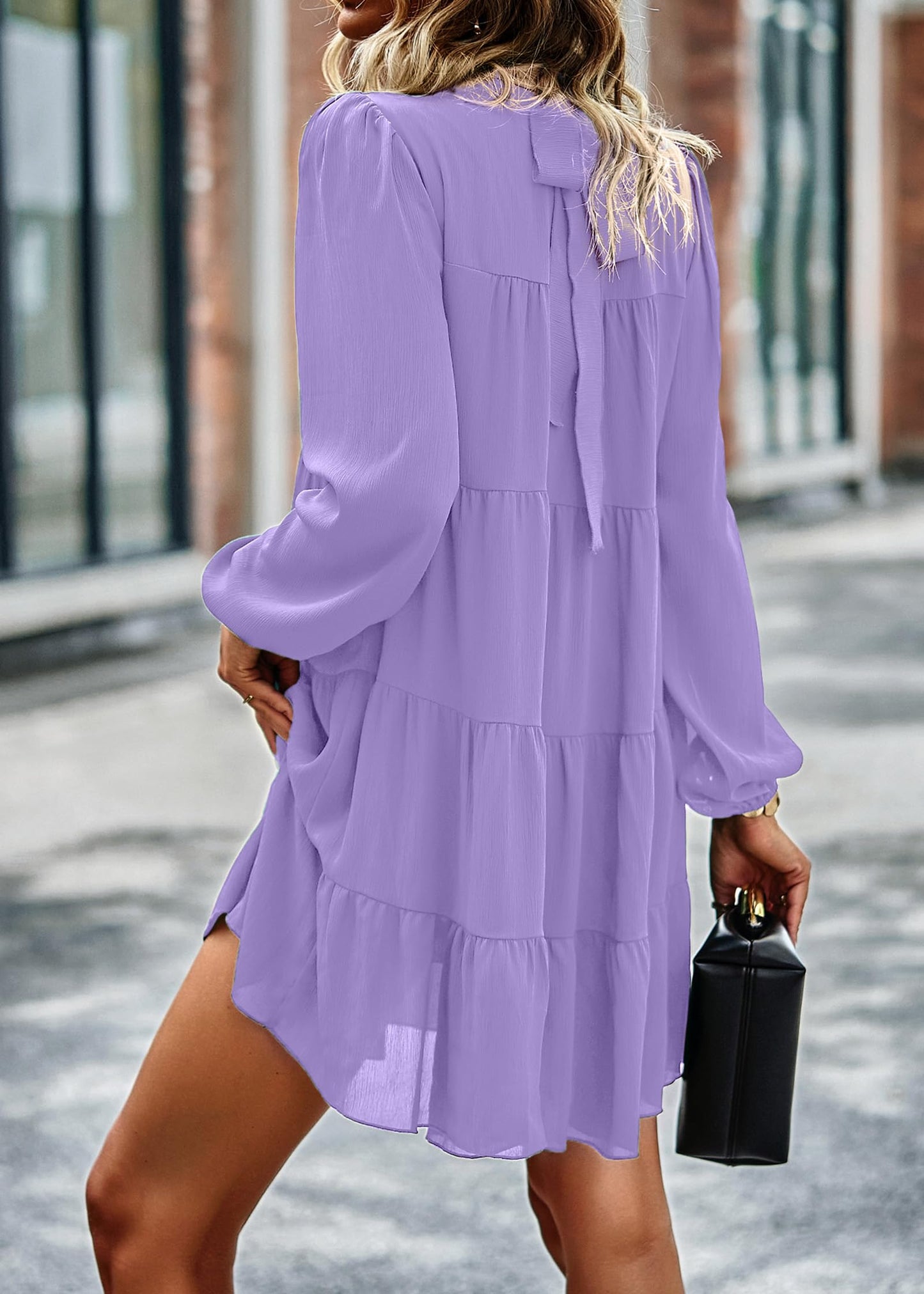 Womens Casual Long Sleeve Mock Neck Ruffle Tiered Babydoll Dress