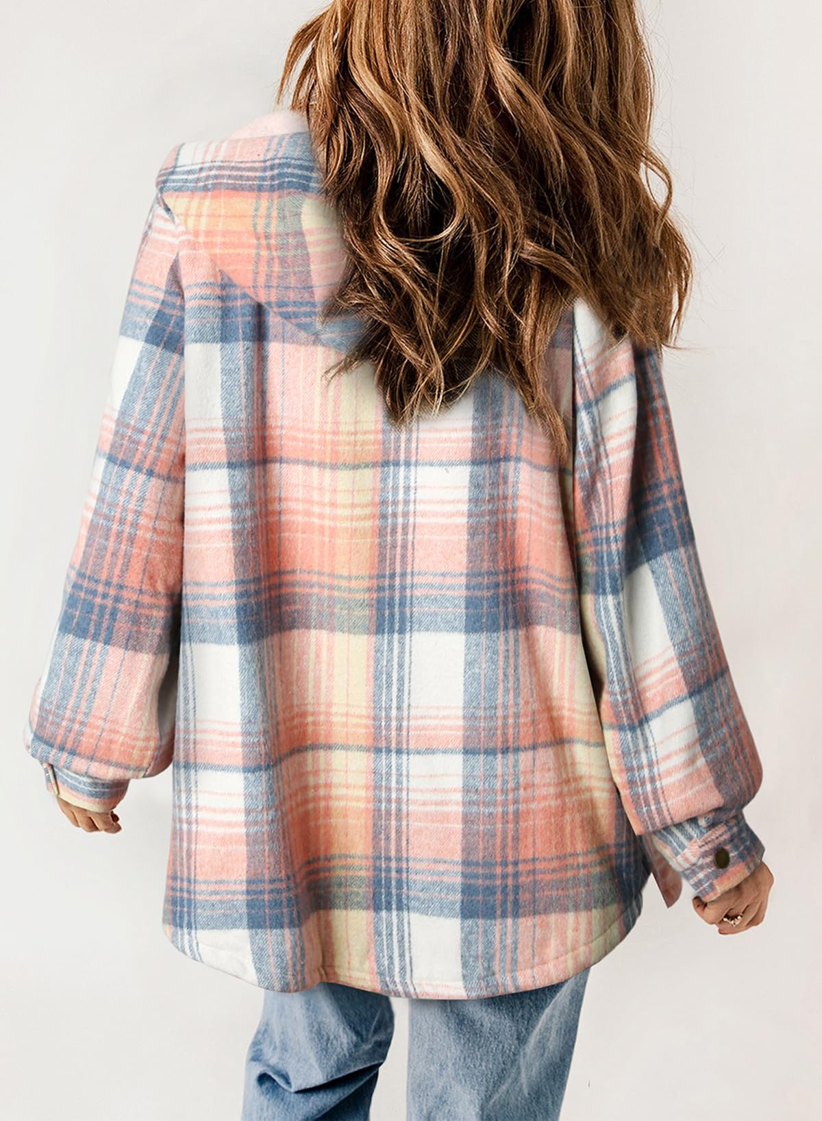 ⏰Hot Sale-Women's Plaid Long Sleeve Button Fleece Hooded Jacket