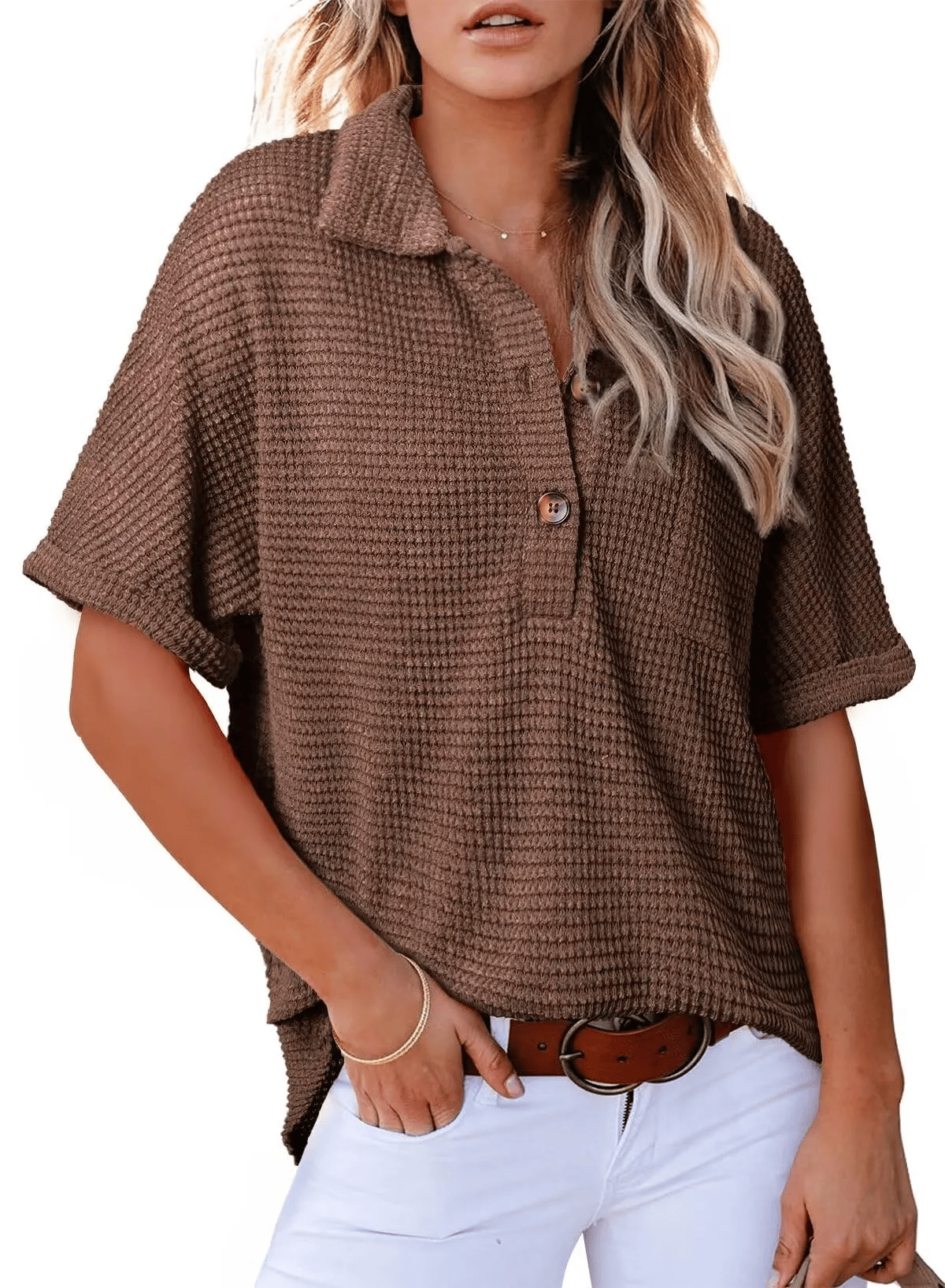 ✨ New Women's Waffle Knit Short Sleeve Tunic Henley Shirts
