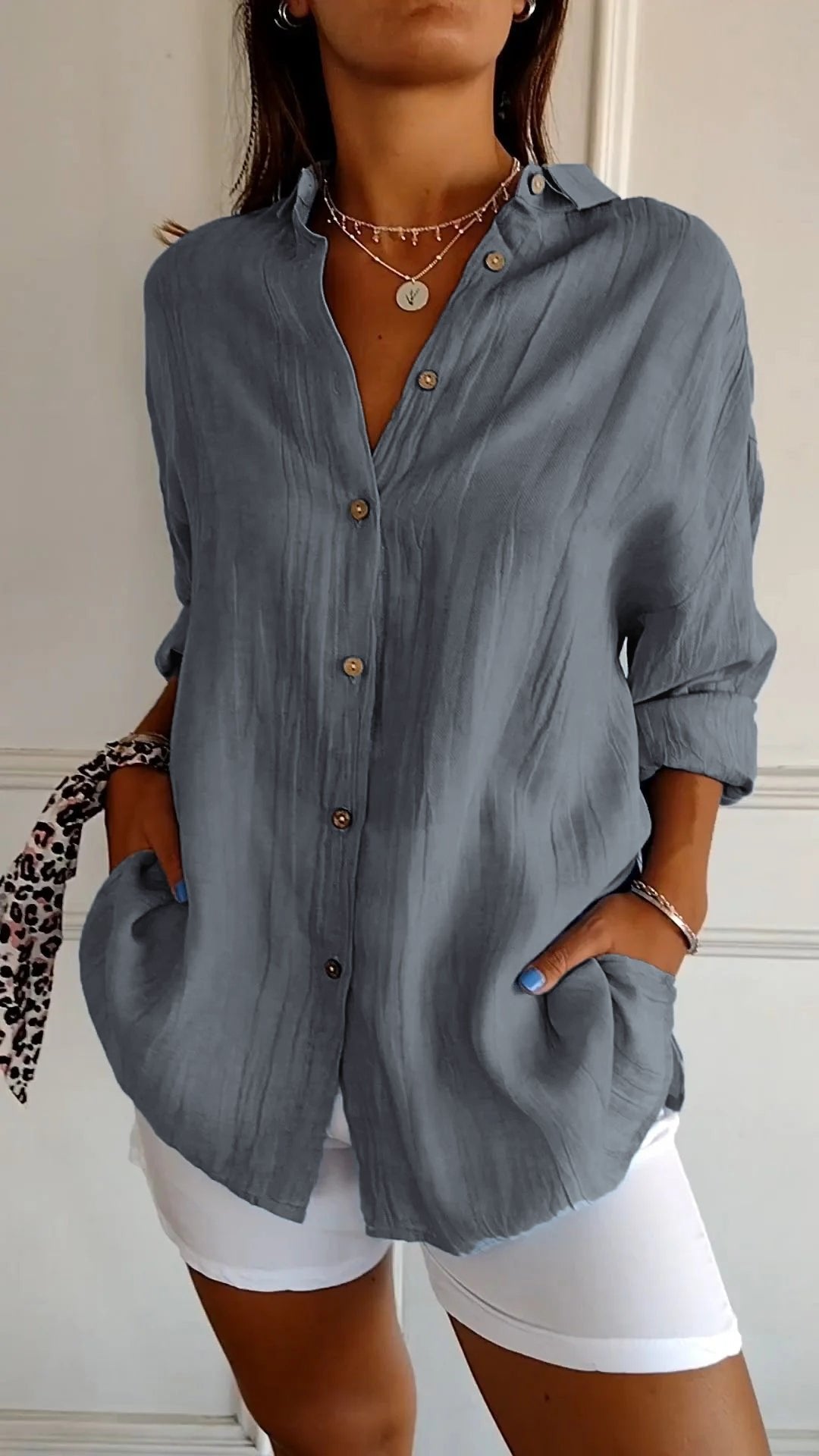 Women's Cotton and Linen Casual Single-Breasted Pleated Lapel Shirt