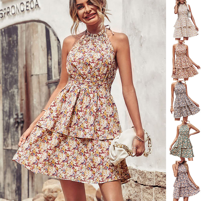 Summer Floral Halter Dress with Ruffle Details and Backless Design