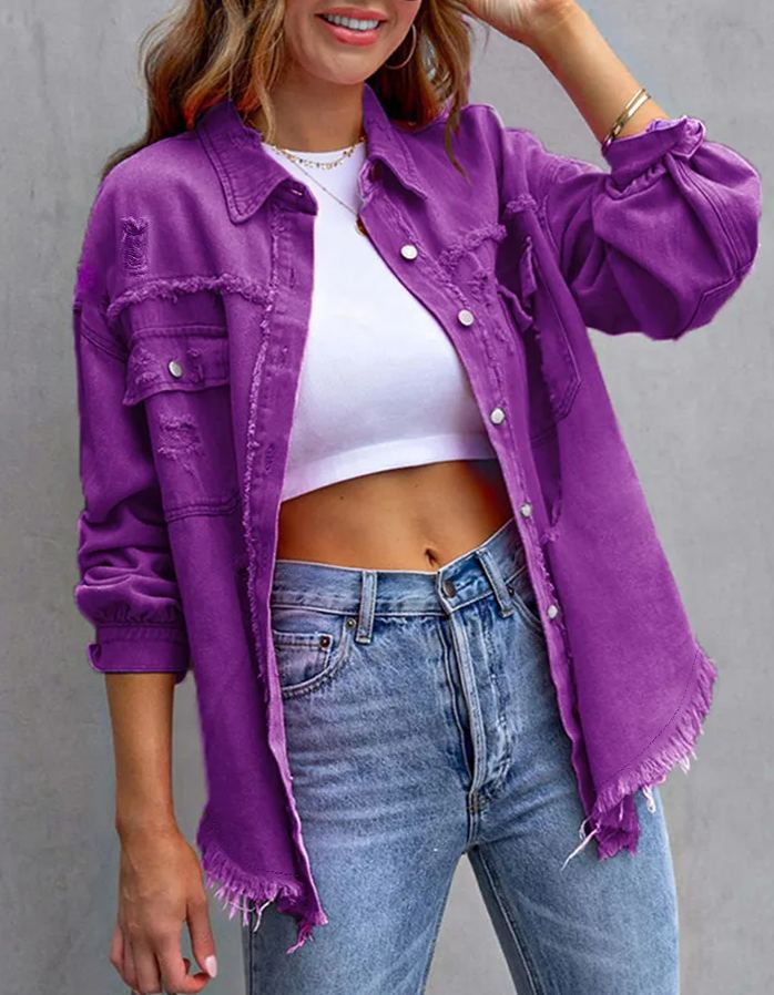 Women's Basic Casual Ripped Denim Jacket
