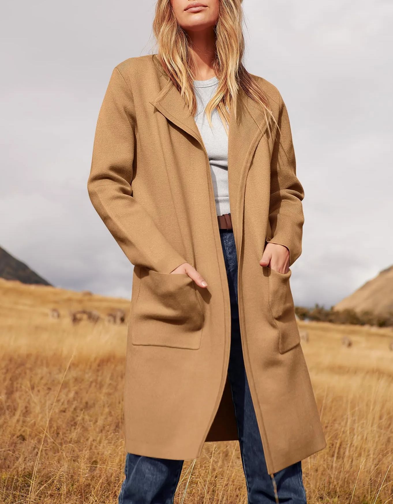 Solid Color Coat Lapel Top Coat with Pockets