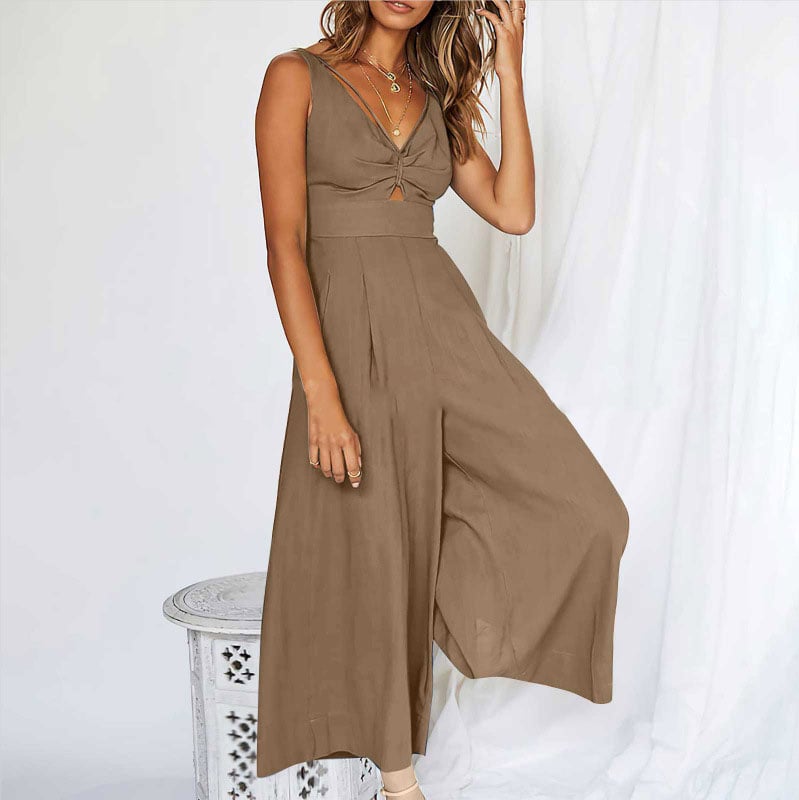 V Neck Cutout High-Waist Jumpsuits