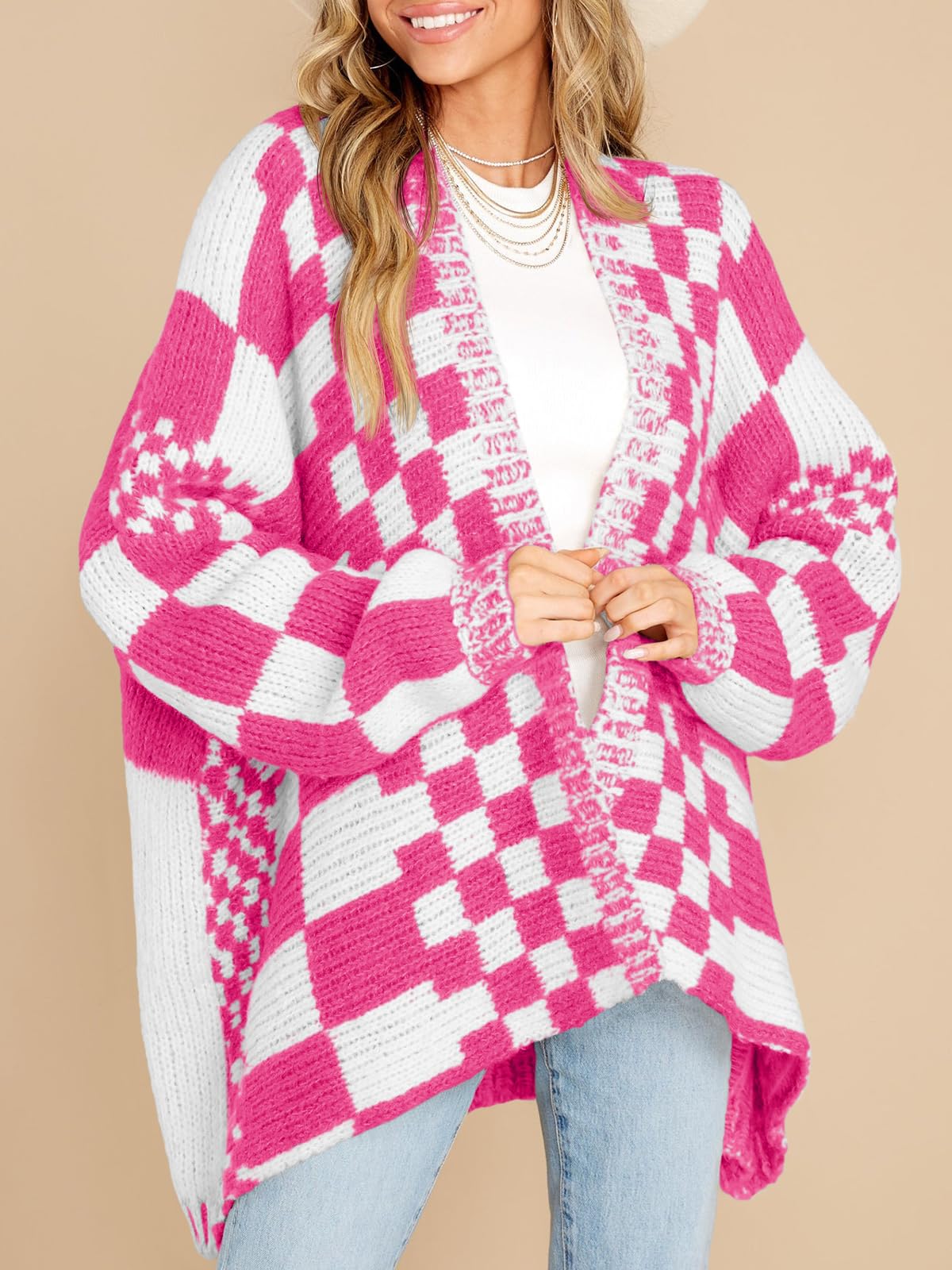 Womens Checkered Sweater Color Block Plaid Cardigans