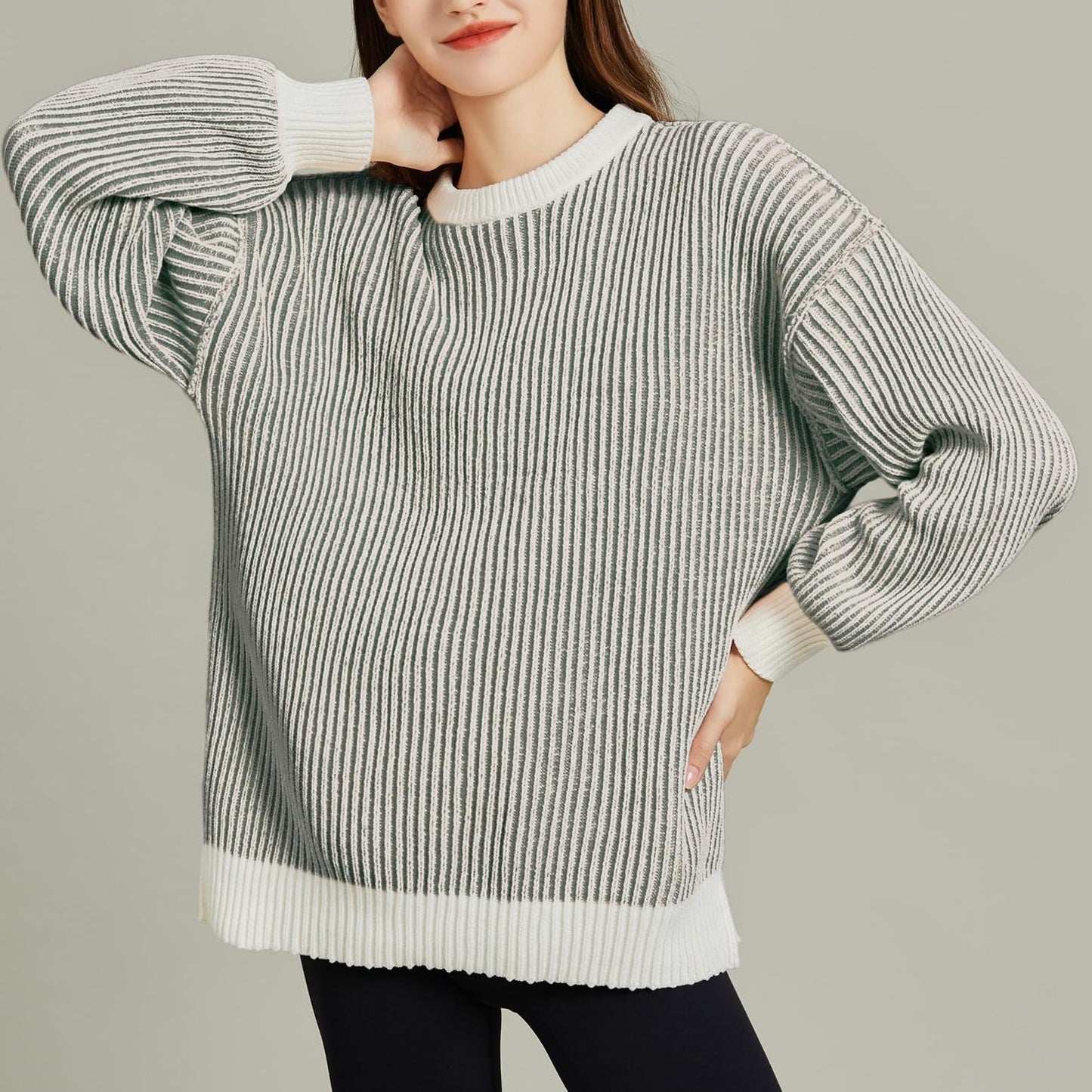 Women Striped Round Neck Rib Knit Blouse Sweater