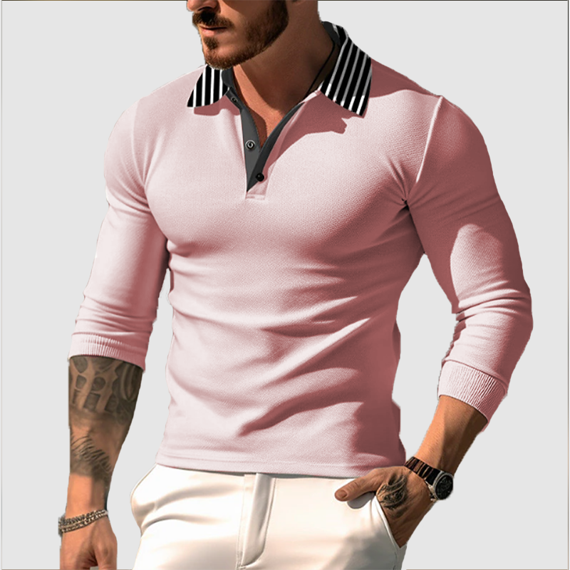 Men's striped lapel sports casual top T-shirt