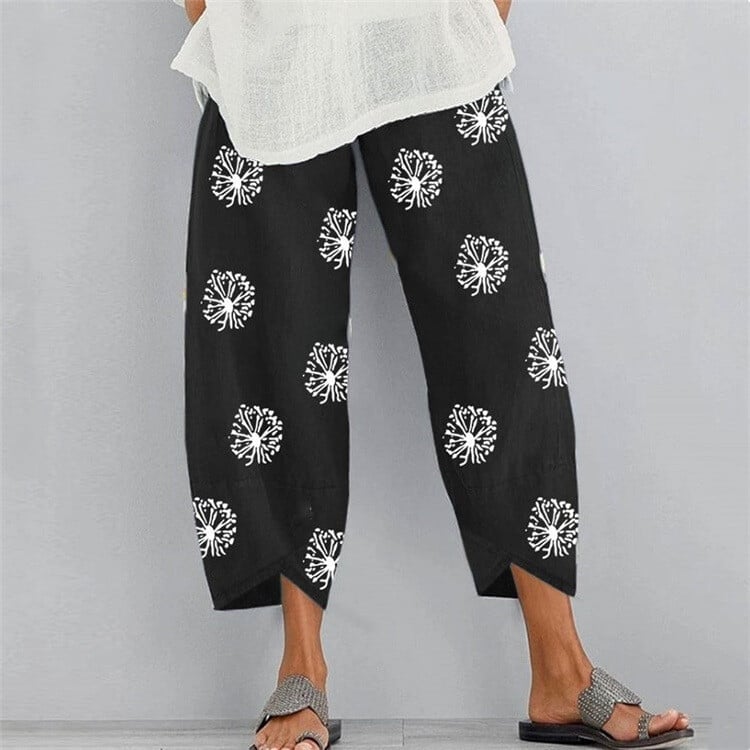 Women Printed Cotton Linen Wide Leg Drawstring Waist Capris Crop Pants