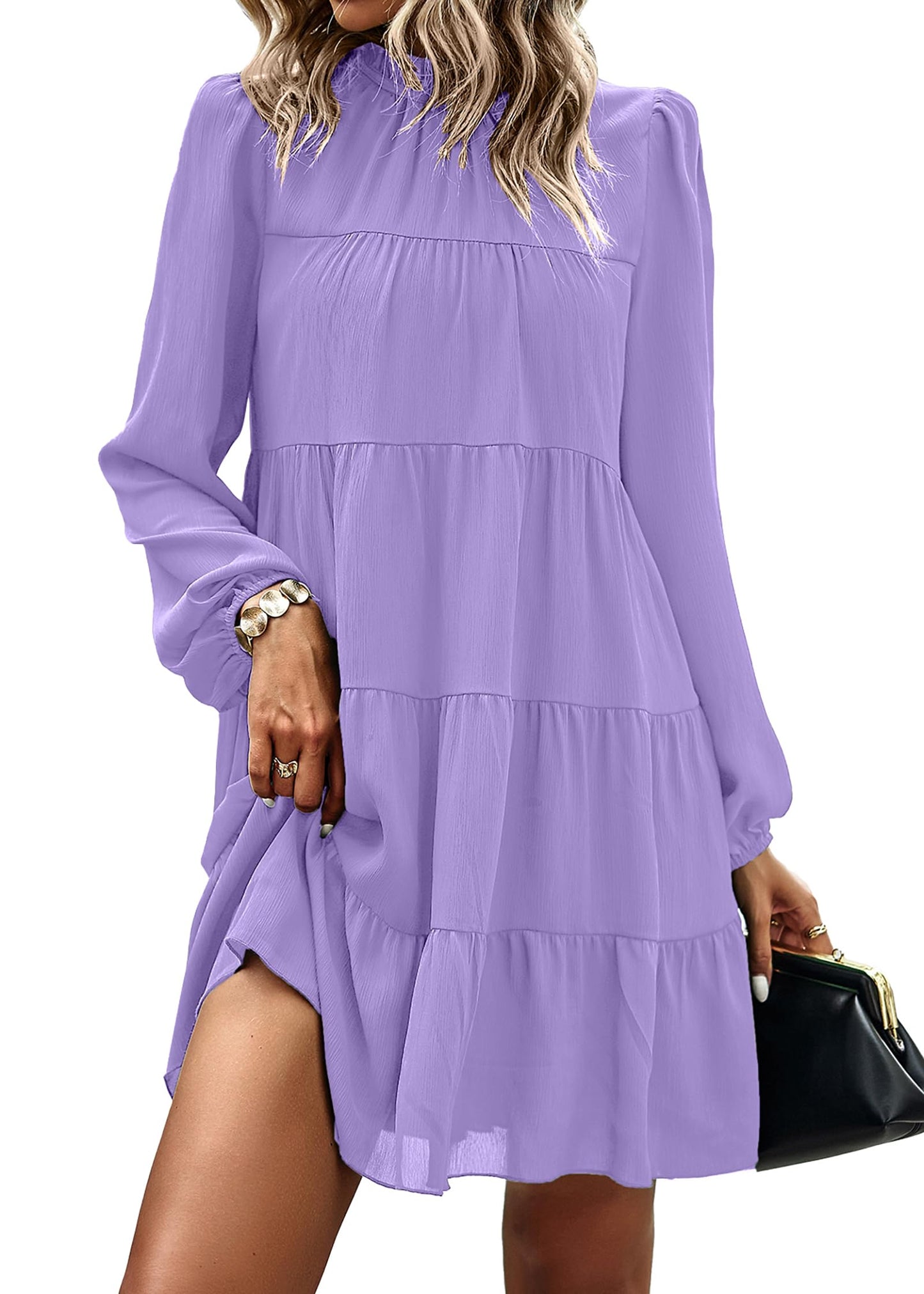 Womens Casual Long Sleeve Mock Neck Ruffle Tiered Babydoll Dress