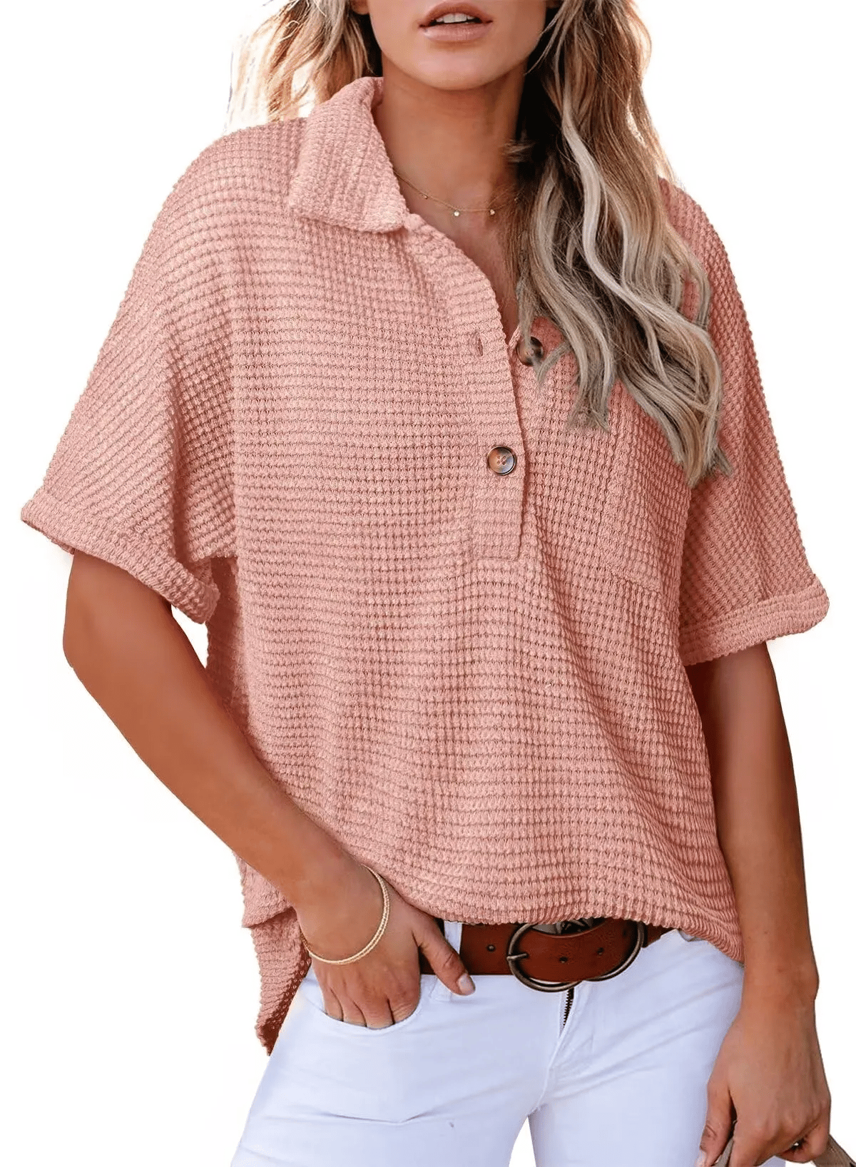 ✨ New Women's Waffle Knit Short Sleeve Tunic Henley Shirts