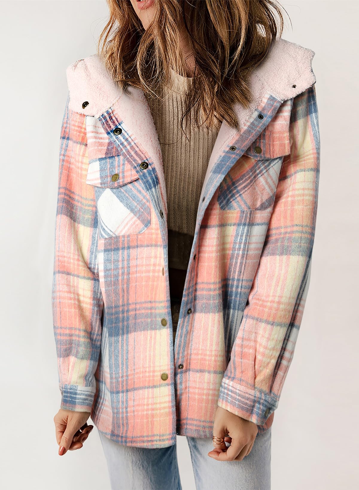 ⏰Hot Sale-Women's Plaid Long Sleeve Button Fleece Hooded Jacket