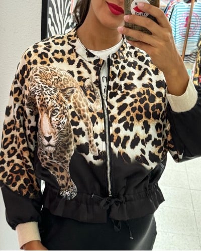 Leopard Unique Print Zipper Drawstring Hem Bomber Jacket