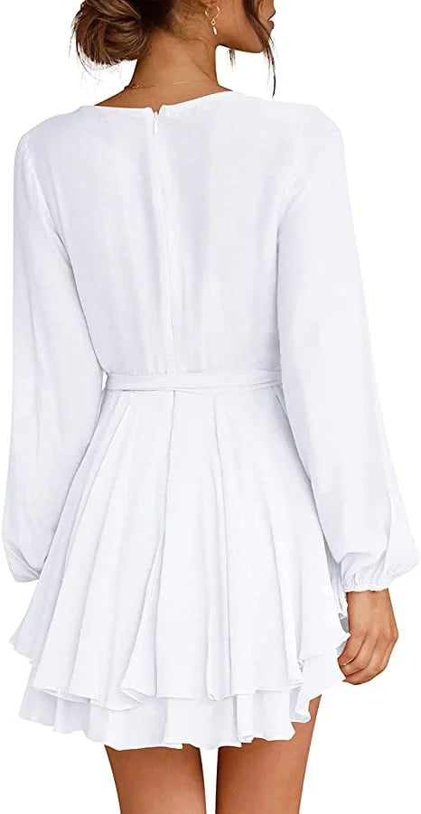 🔥V-Neck Waist Tie Ruffle Mini Swing Skater Dresses❤️