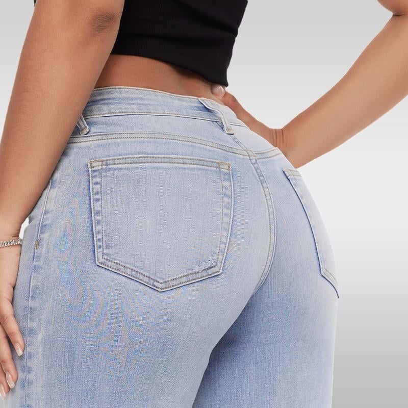 New Mid-Low Rise Tummy Control Curve-Hugging Plus Size Stretch Distressed Wide-Leg Jeans
