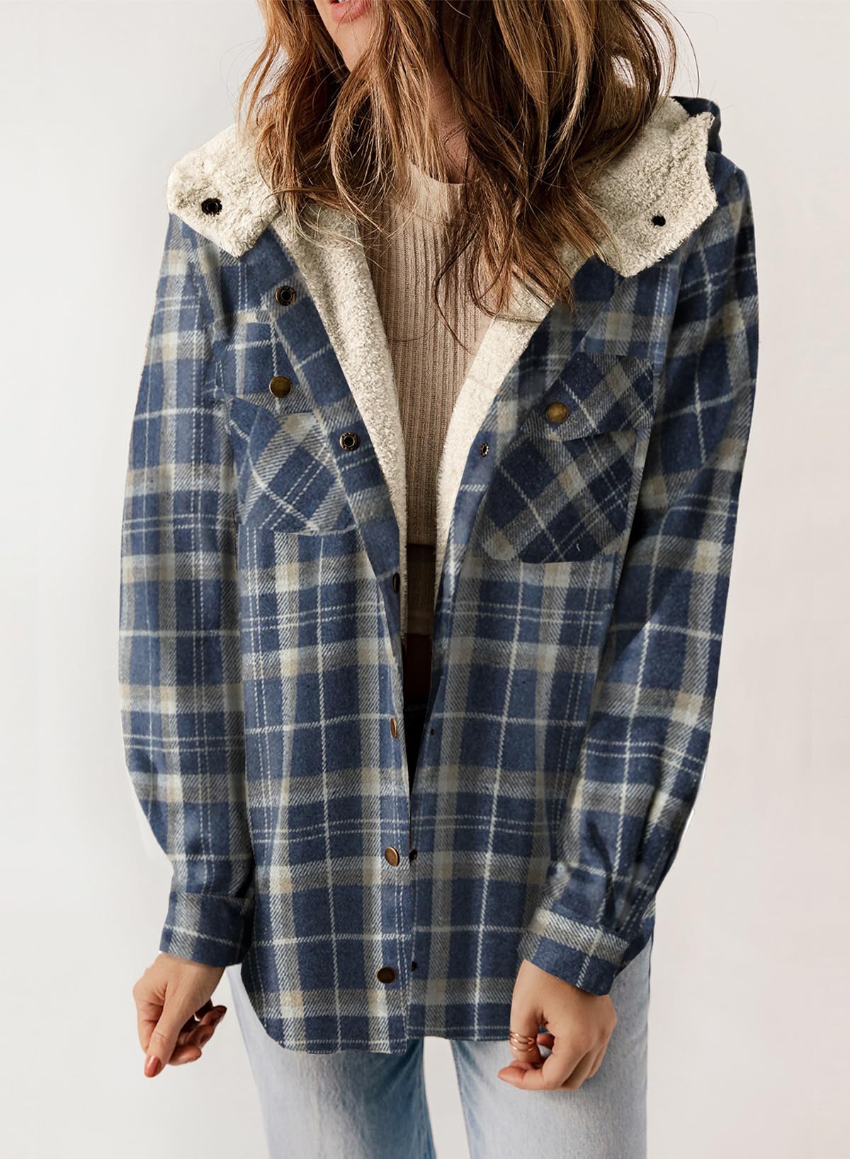 ⏰Hot Sale-Women's Plaid Long Sleeve Button Fleece Hooded Jacket