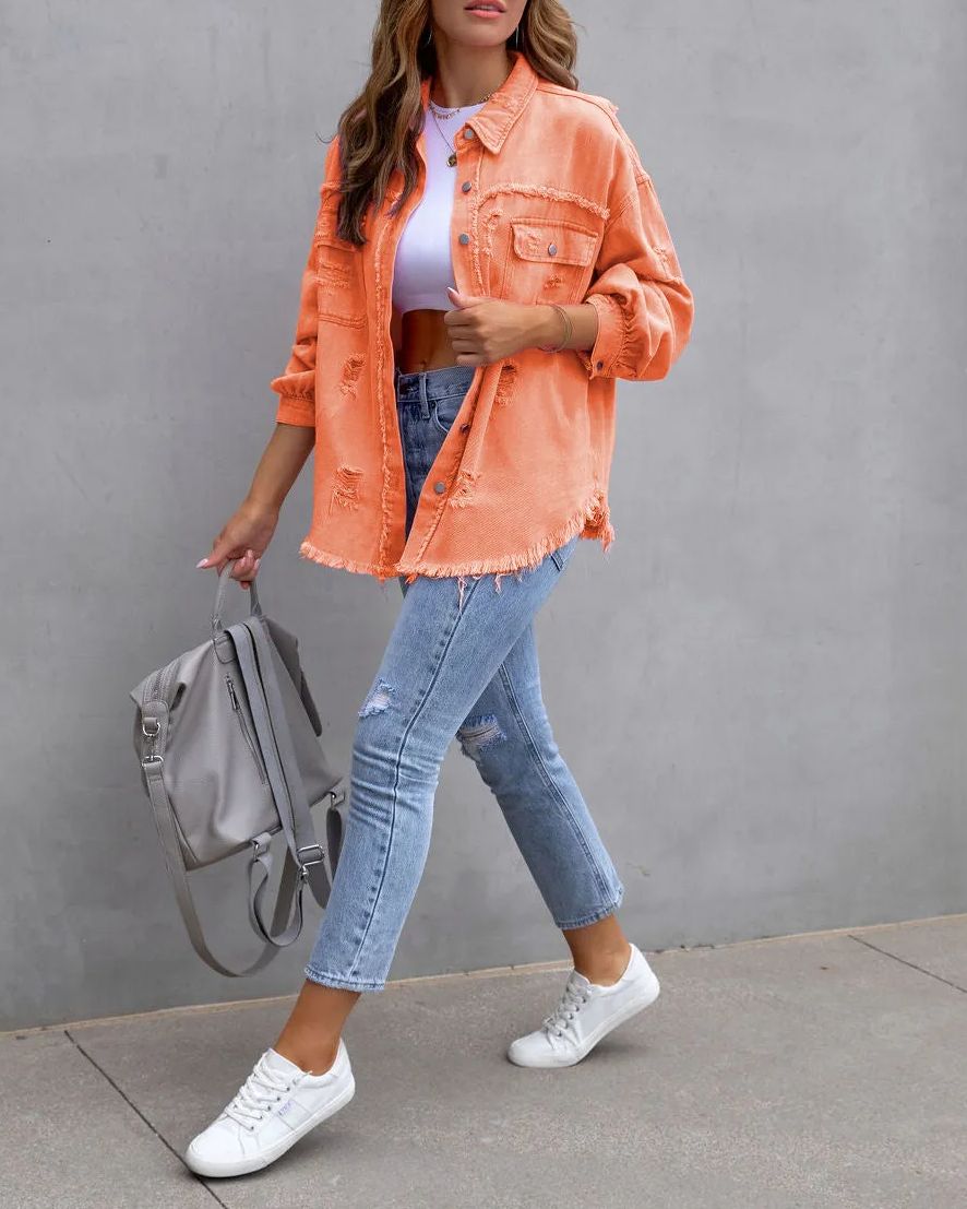 Women's Basic Casual Ripped Denim Jacket