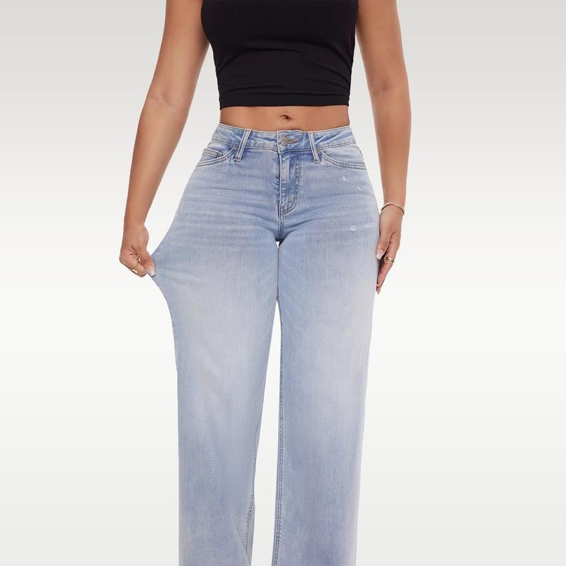 New Mid-Low Rise Tummy Control Curve-Hugging Plus Size Stretch Distressed Wide-Leg Jeans