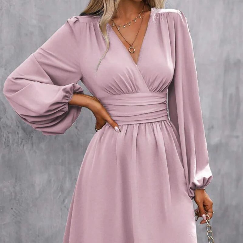 Women's Fashion Wrap V-Neck Empire Waist Lantern Sleeve Dress