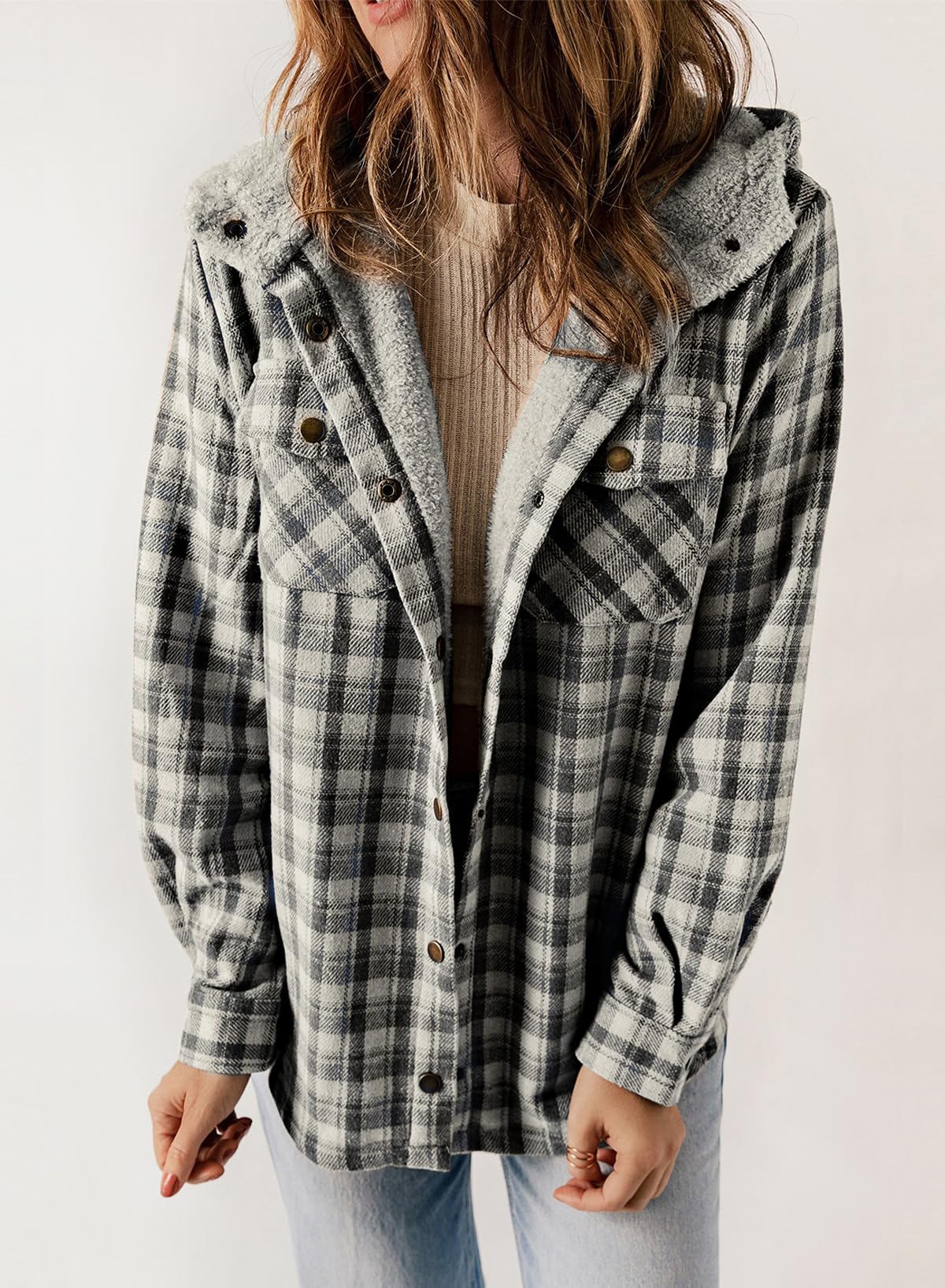⏰Hot Sale-Women's Plaid Long Sleeve Button Fleece Hooded Jacket