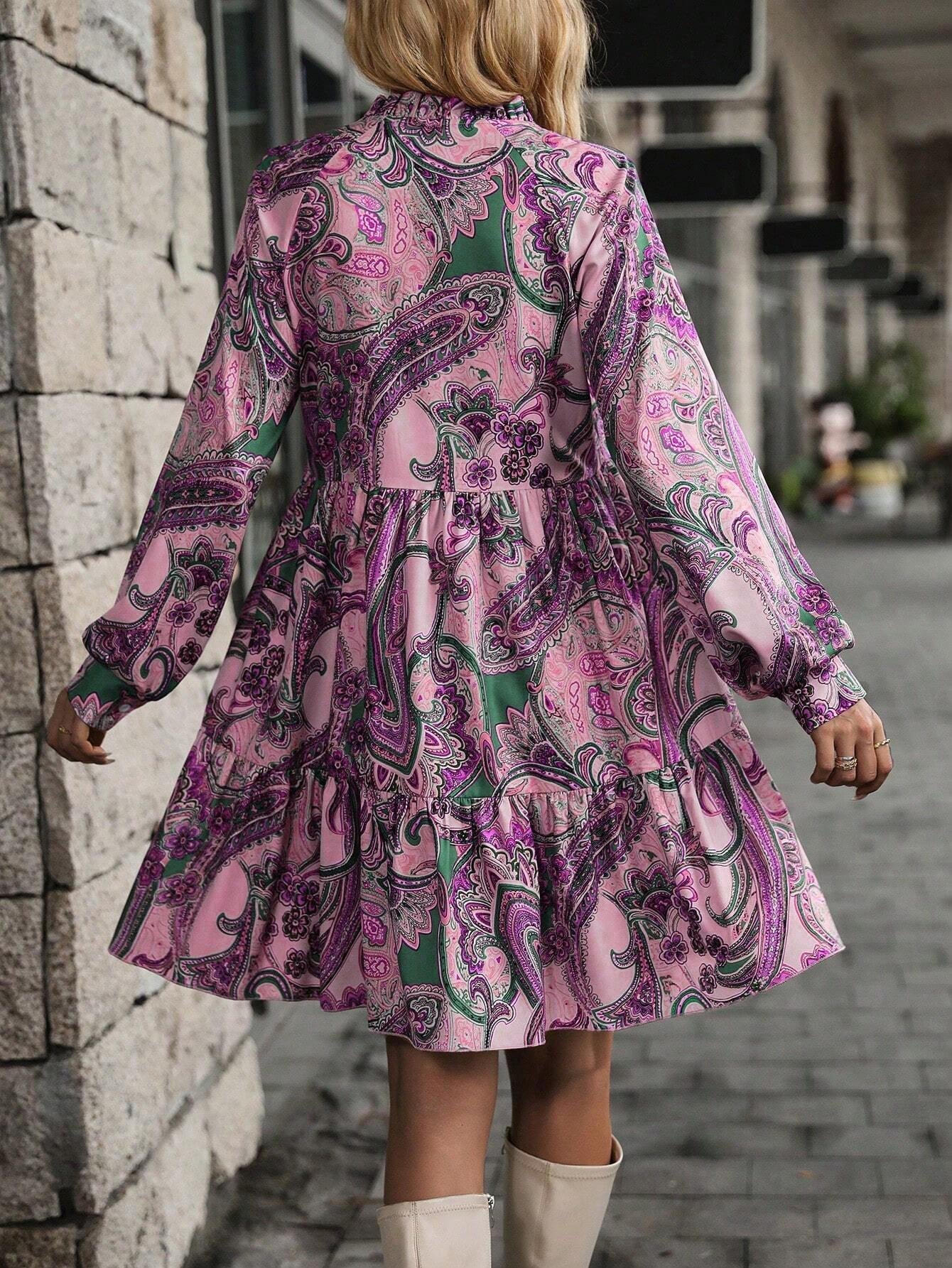 Women's Paisley Print Lantern Sleeve Ruffle Hem Smock Dress