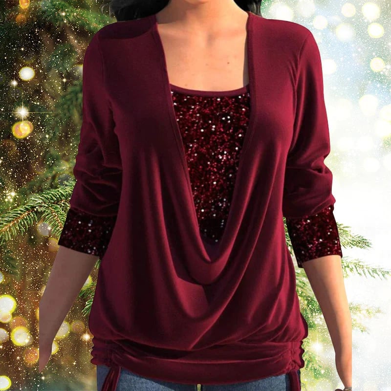 Sequin Loose Smocked Fake Two-Piece Top