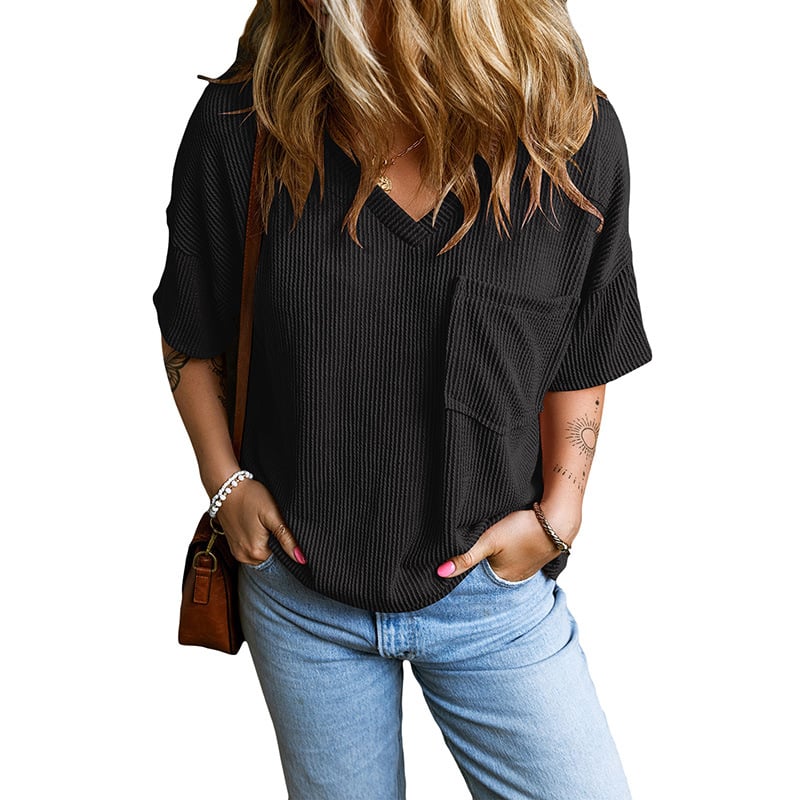 Womens Short Sleeve Ribbed Tops Causal V Neck Oversized T
