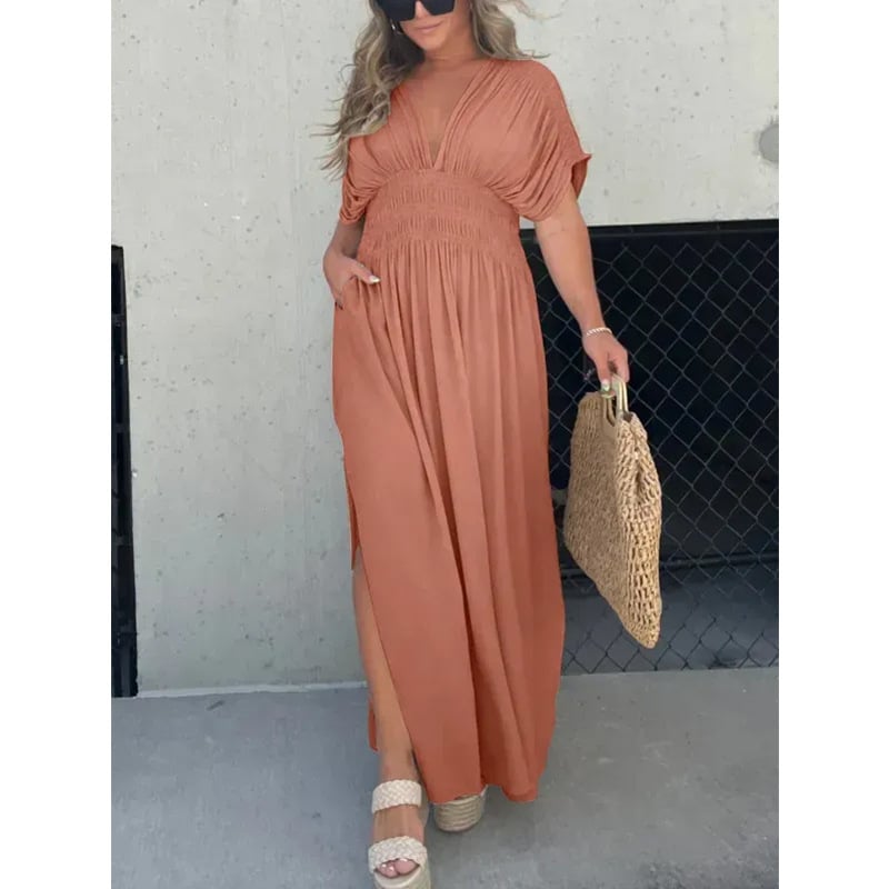 SLIT V-NECK EFFORTLESS MAXI LONG DRESS